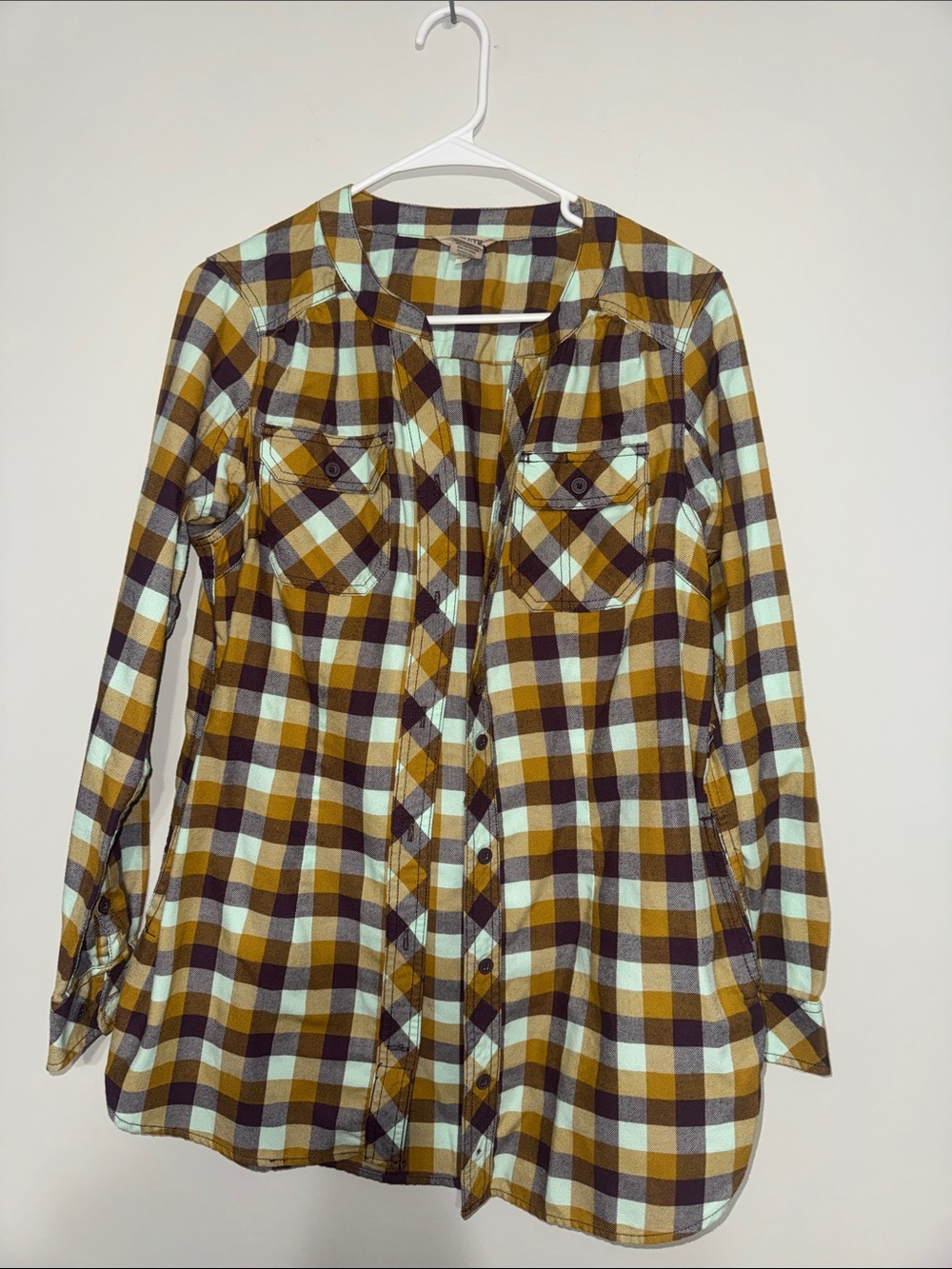 Duluth Trading Co Plaid Button-Down Shirt - Mustard, Brown & Mint
